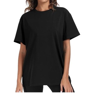 Camiseta de cuello redondo de gran tamaño de Color negro con hombros descubiertos para mujer, ropa de calle, camisetas informales de Hip Hop de peso pesado, transpirables - Product Image 1