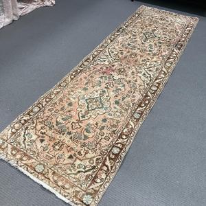 Turkish Vintage Rug, 2.6x8.4 ft Runner Rug, <b>Brown</b> Blue Oriental <b>Wool</b> Rug - Product Image 5