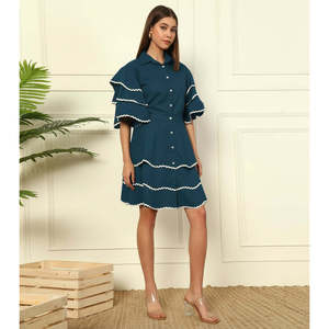 Deebaco Women's Solid Teal Cotton Shirt Dress <b>Skirt</b> <b>Co</b>-Ord Set Ruffled Sleeves Turn-down Collar Knee Length Casual Summer Wear - Product Image 5