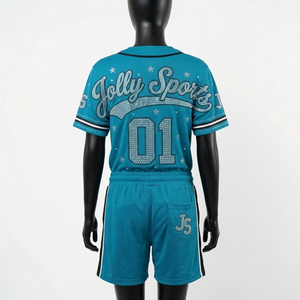 Ensemble short et maillot de baseball pour femme en polyester, bleu sarcelle et noir, style panneau, avec logo personnalisé par sublimation et strass – Ensembles pour femme - Product Image 2