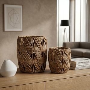 Ensemble de paniers de rangement en écorce de bananier tressés à la main, motif spirale torsadée, pot cylindrique ajouré, décoration artistique pure pour la maison - Product Image 5