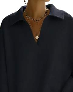 Manufacturer Black <b>Womens</b> <b>Oversized</b> Knit Sweater Polo V Neck Loose Fit Ribbed Hem Winter Casual Pullover Top <b>For</b> Daily Wear - Product Image 4