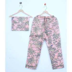 Conjunto de Pijama Informal y Sexy de Estilo Indio, Estampado a Mano, 100% Algodón Tejido con Diseño Floral, Transpirable, Tallas Grandes Disponibles - Product Image 2