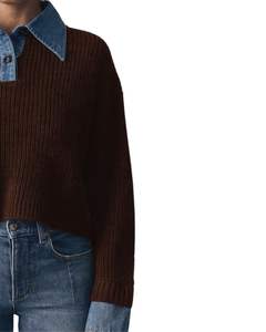 <b>Brown</b> Knit Cropped Sweater With Blue Denim Collar Women Casual Winter Pullover Long Sleeve Soft Warm Top Fashion Street Style - Product Image 2
