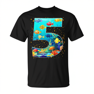 T-shirt promotionnel pour garçon de 5 ans sur le thème de l'aquarium de poissons marins pour fête d'anniversaire - Product Image 2
