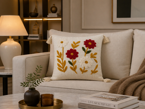 Custom Handmade Eco-Friendly Cotton Embroidered Floral Cushion with Insert All-Season <b>Throw</b> Pillow with <b>Tassels</b> for Home Decor - Product Image 5