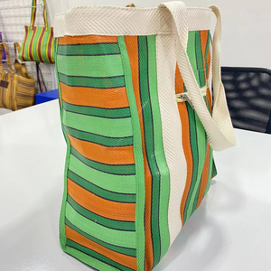 Custom Eco-Friendly Reusable Zipper <b>Plastic</b> Woven Striped Shopping Bag Handloom Made Recycled Beach Bags Cosmetic Bags Cases - Product Image 1