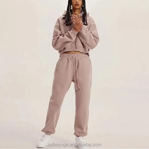 OEM personalizado Fitness trajes para las mujeres de alta calidad liso Sudadera con capucha Jogger blanco deportes Jogging traje de algodón de las mujeres de 2 piezas Sweatsuit - Product Image 5