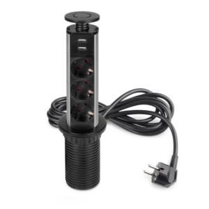 Emuca alluminio verniciato nero in plastica verticale rimovibile Multi-connettore 3 prese Schuko 2 USB tipo a spine e spagna - Product Image 1