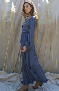 Nouvelle robe Maxi en lin à manches longues bouffantes et col en v pour femmes - Product Image 3