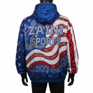 Premium 210 GSM Polyester Coupe-Vent Veste Strass Logo Personnalisé Rouge Blanc Bleu Multi Panneau Conception Coupe-Vent Veste pour homme - Product Image 2