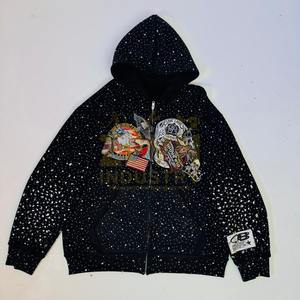 เสื้อฮู้ดพิมพ์ลายคริสตัลคุณภาพสูง พร้อมปักลายสำหรับผู้ชาย สไตล์สตรีทแวร์ ทรงโอเวอร์ไซส์ ซิปหน้า แต่งผ้าปะติด ล้างสีแบบแอซิดวอช - Product Image 6