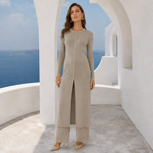 Set Abaya a <span class=keywords><strong>Due</strong></span> Pezzi in Maglia Loriya, Top Tunica con Collo Tondo e Bottoni Frontali, Spacco Lungo sul Davanti e Pantaloni a Gamba Larga, Abbigliamento Musulmano - Product Image 1