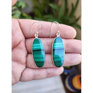 Handmade Fashion Sterling Silver <b>Dangle</b> <b>Earrings</b> Natural Malachite Long Oval Gemstone Jewelry Women's Birthday Anniversary - Product Image 1