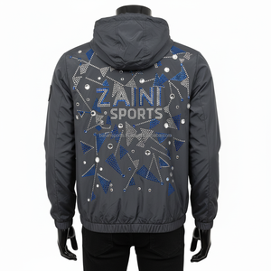 High Quality Nylon Windbreaker <b>Jacket</b> 110 GSM Glossy Black Embellished <b>Rhinestone</b> Custom Logo Embroidery <b>Jacket</b> for man - Product Image 2