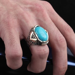 Anillo de Plata de Ley 925 pura auténtica piedra turquesa hecha a mano hecha en pavo modelo de lujo y de moda modelo de estilo vintage - Product Image 1