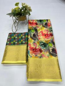 Collection de saris imprimés numériques en lin lourd pour adultes vêtements indiens et pakistanais avec bordure en jacquard doré - Product Image 5