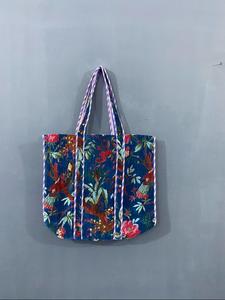 Sac fourre-tout pour femme en velours imprimé à la main en Inde, style bohème vintage, imprimé jungle bleu, broderie multicolore, fermeture éclair pour - Product Image 1