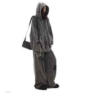 Ropa de calle personalizada para hombre, conjunto de chándal desgastado lavado con ácido, 100% algodón, cremallera, Sudadera con capucha, pantalón acampanado, chándal estampado, Invierno - Product Image 4