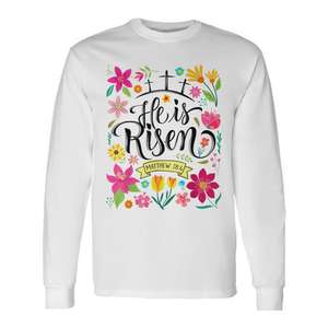 Camiseta de manga larga He Is Risen Matthew 28 con diseño floral cristiano de Pascua - Product Image 1