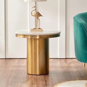 Mesa auxiliar de sofá chapada en oro, exhibición de sala de estar, mesa de centro superior de mármol blanco de estilo cilíndrico para decoración del hogar - Product Image 2