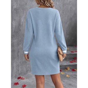 Vestido Corto con Cuello en V y Manga Larga para Mujer, 38497 - Azul - Product Image 3