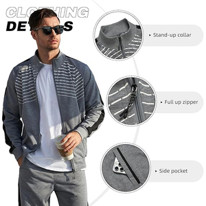 Survêtement gris à imprimé géométrique pour homme, manches longues, fermeture éclair, tenue de jogging sportive, respirant, polyester et coton, vêtements d'automne - Product Image 3