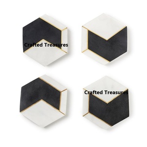 Crafted Treasures Solid White Real Marble Coasters Brass Inlay Metal Stand-Non-Slip <b>Felt</b> <b>Padded</b> Stain Resistant Modern Luxury - Product Image 5