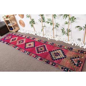 Grand Tapis Bohème Vintage Turc 2.5 X 11.1ft Rouge Beige Patchwork Design Classique Laine Latex Rectangle Couloir pour Chambres - Product Image 1