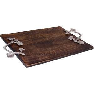 High Standard Quality Wooden Made <b>Round</b> Shape <b>Serving</b> <b>Tray</b> With Black Color Powder Coated Metal Handles And Frame From India - Product Image 4