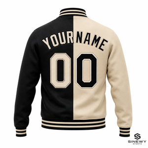 Chaqueta Varsity SINEWY SPORTS para Hombre, Negra y Crema, Dos Tonos, Nombre y Número Personalizados, Estilo Preppy, Cierre de Botones, para Otoño - Product Image 3