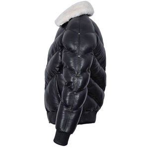 <b>Men's</b> Genuine Leather Bomber Jacket With Faux <b>Fur</b> Collar Down Filled Windproof Winter <b>Coat</b> Regular Fit - Product Image 2