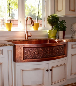 Lavello Artigianale in Rame Stile Antico per <span class=keywords><strong>Cucina</strong></span> di Villa, Design Grembiule Frontale a Vasca Singola o Doppia con Bacino Martellato - Product Image 4