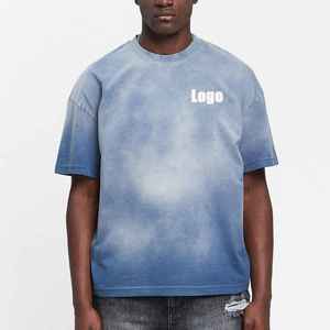2025 nouveauté haute qualité décontracté lavé T-Shirts hommes col rond bleu blanc tache 100% coton coupe régulière en gros - Product Image 5