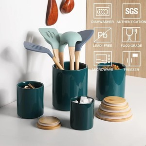 Ensemble de 3 pots de conservation en céramique avec couvercles en bambou, hermétiques, adaptés aux aliments, durables, organiseur de cuisine, rangement moderne - Product Image 3