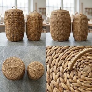 Ensemble de paniers de rangement en jacinthe d'eau naturelle, panier à linge cylindrique tressé avec couvercle assorti et poignée en arche, décoration artistique pour la maison - Product Image 4