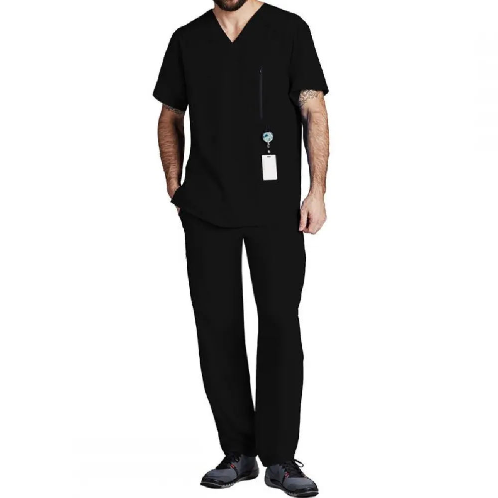 Black Color Hospital Scrub Trousers With Shirt Uniform Wholesale 100% Cotton V Neck Hospital Uniform Medical Scrub Uniform