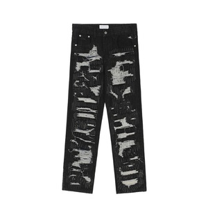 กางเกงยีนส์สีดำสำหรับผู้ชายกางเกงยีนส์รัดรูปผ้าย้อมสีดำขาดเป็นรอยขาดเป็นริ้วสั่งติดป้ายได้ตามต้องการ - Product Image 1