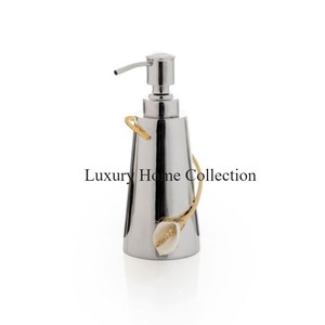 Distributeur et bouteille de savon liquide poli brillant de couleur argentée d'acier inoxydable avec la pompe de couleur d'or à couler et la conception de forme de feuille - Product Image 1