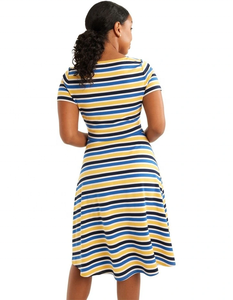 Vestido Midi Casual de Moda para Mujer, Manga Corta, Cinturón de Tela, Corte Entallado, Falda con Vuelo, Jersey a Rayas en Color Marfil - Product Image 5