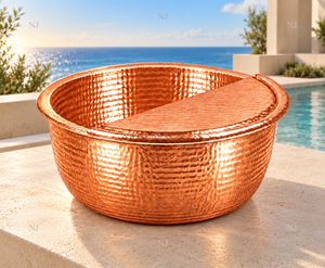 Bañera Redonda de Cobre Martillado para Pedicura con Tapa y Asas Anulares, Función de Masaje y Drenaje sin Tuberías para Spa de Pies - Product Image 4
