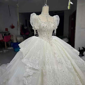 For OY007 Princess Puff Sleeve Tassel Embroidery Modern Lace Chapel Train Long Floor-Length Women's Bridal Gowns - Product Image 5