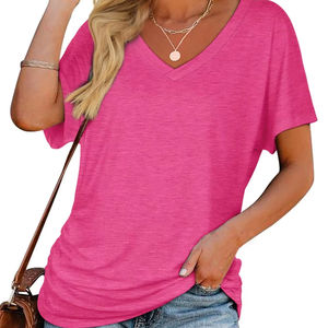 Camisetas de algodón de manga corta con logotipo personalizado para mujer, cuello en V de color sólido para verano, venta al por mayor de fábrica - Product Image 1