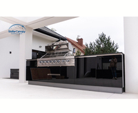 Cuisine extérieure moderne en acier inoxydable avec porte vitrée, évier, robinet, charnières, étanche, ignifuge, durable, armoire de barbecue modulaire, espace repas