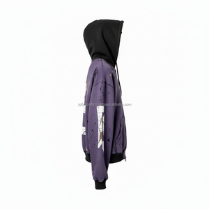 Premium 360 GSM cotton fleece <b>zipper</b> hoodie distressed wash purple black tone <b>heavy</b> <b>duty</b> print custom logo Basics <b>Zipper</b> Hoodie - Product Image 5