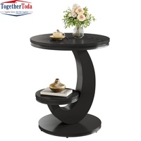 Table d'appoint ronde à 2 niveaux en dalle de roche personnalisée, avec cadre en bois et métal en arc, et étagère de rangement pour chambre et salon