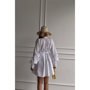 Robe évasée en popeline blanche pour femme, design boutonné sur le devant avec ceinture élégante à nouer - Product Image 1