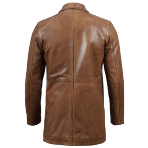 Abrigo Largo de Cuero Genuino para Hombre, con Solapa Entallada y Cierre de un Solo Botón, Color Marrón - Product Image 5