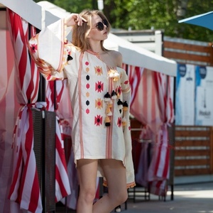 High Quality Fashion Long Dress with <b>Balloon</b> Sleeve Geometric V-Neck Digital Printed Free Size Logo on Back Cloth Material - Product Image 2