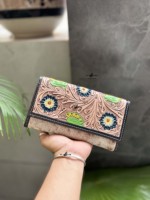 Dompet Kulit Sapi Desainer dengan Ukiran Tangan, Dompet Kulit, Tempat Ponsel, Dompet Modis untuk Wanita, Multifungsi
